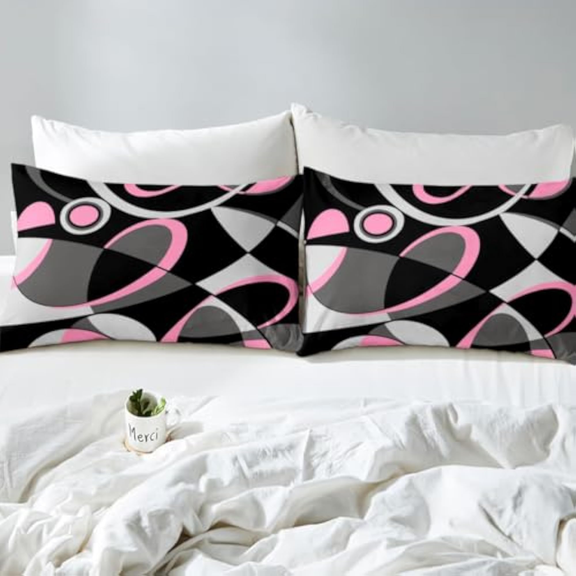 Pink Grey and Black Comforter Cover Bedding Set, Modern Abstract Art